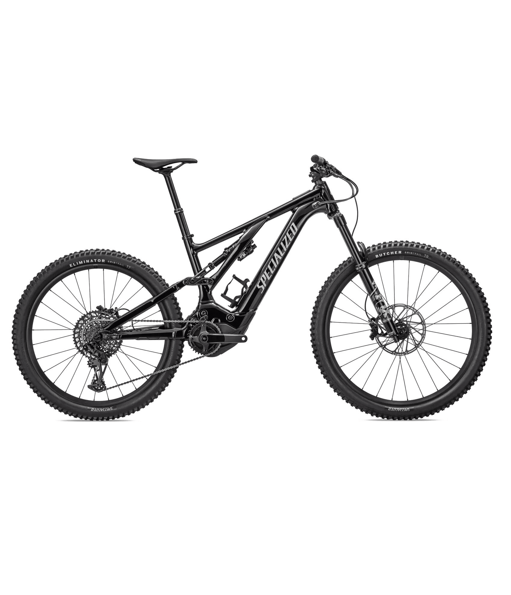specialized-levo-comp-alloy-svart.png En svart heldämpad mountainbike med tjocka knobbdäck, skivbromsar och synligt "Specialized"-märke på ramen, fotograferad från sidan mot en vit bakgrund.