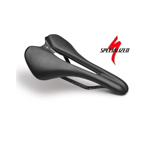 Specialized Romin Evo Pro cykelsadel i svart visas i en studiobild med jämn belysning. Sadeln är perforerad och Specialized-logotypen syns tydligt i rött.
