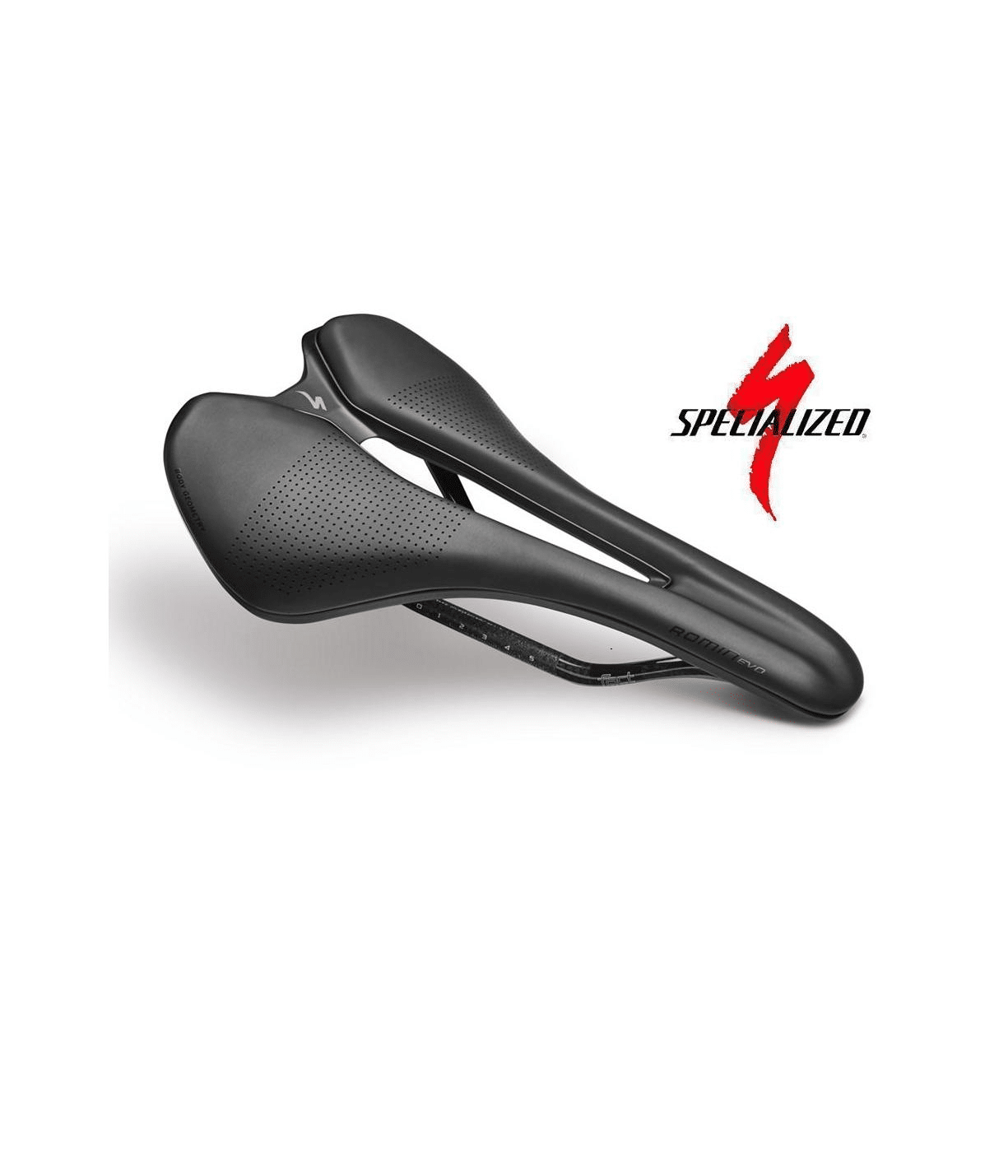 specialized-romin-evo-pro-sadel.png Specialized Romin Evo Pro cykelsadel i svart visas i en studiobild med jämn belysning. Sadeln är perforerad och Specialized-logotypen syns tydligt i rött.