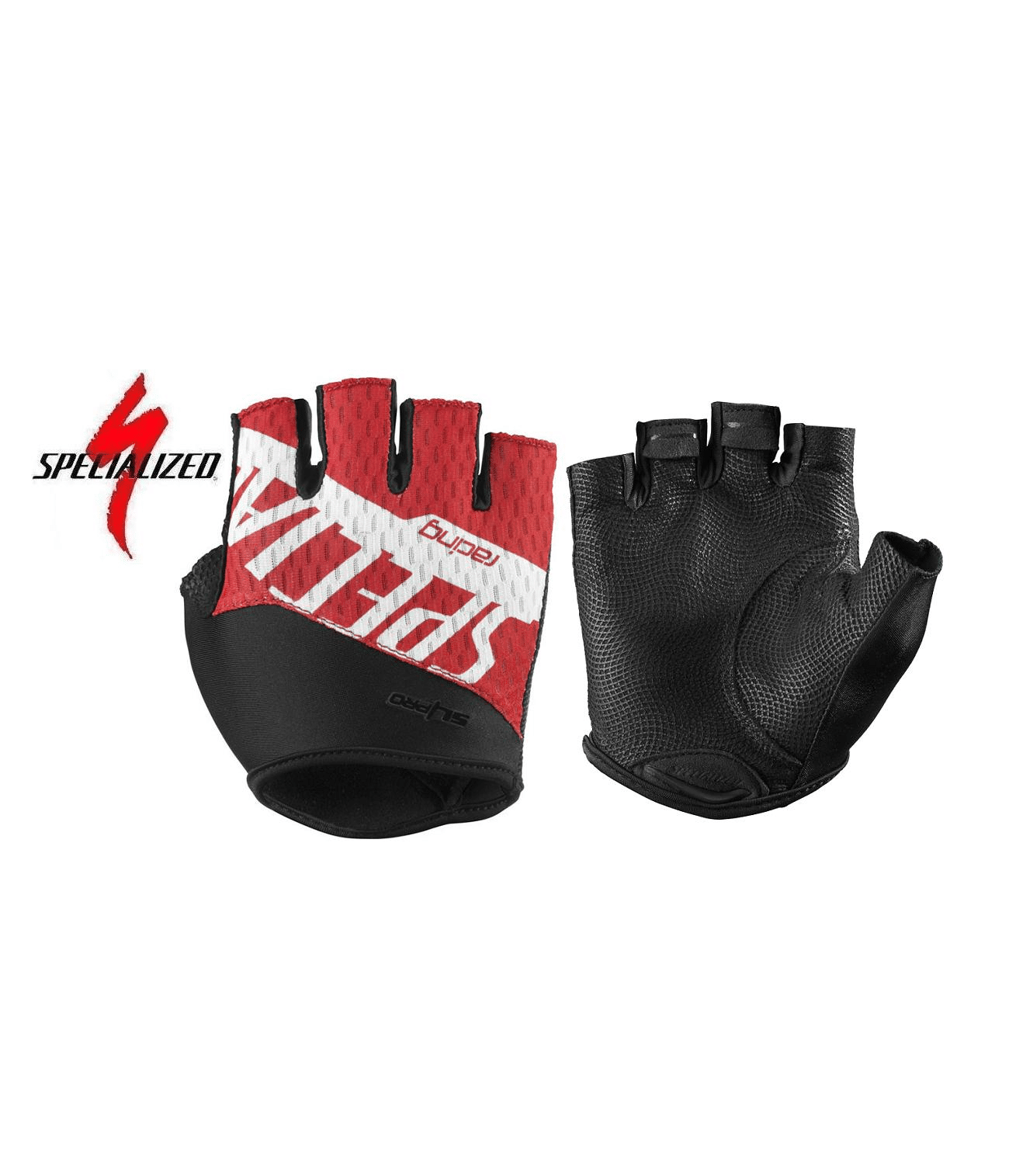 specialized-sl-pro-handske-rod.png Specialized SL Pro cykelhandske visas: den ena handskens framsida är röd, vit och svart med "Specialized" synligt; den andra handskens baksida är svart med strukturerat grepp. Specialized-logotypen visas till vänster.