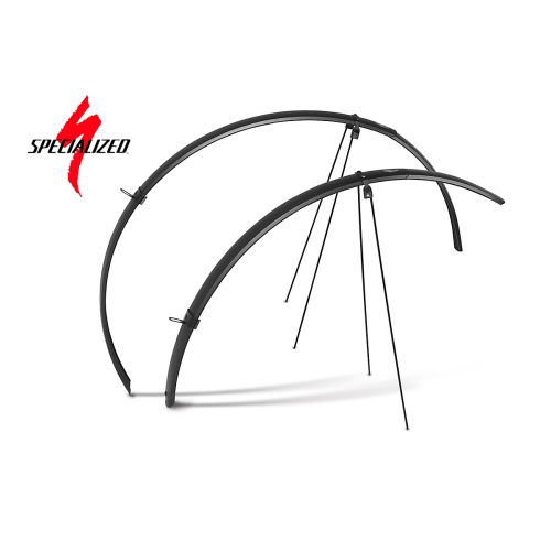 Specialized Dry-Tech skärmset i svart visas mot en vit bakgrund. Skärmarna har en elegant, böjd design och stöds av smala stag. Logotypen Specialized syns tydligt i rött.
