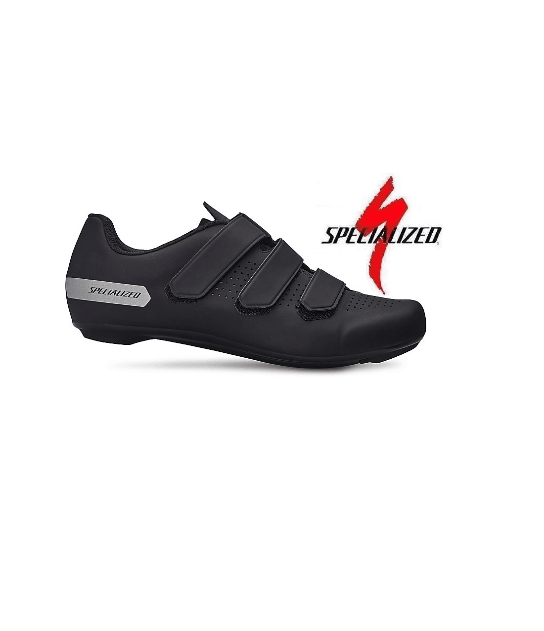 specialized.torch_.1.svart_.png Specialized Torch 1.0 Landsvägssko i svart har tre kardborreband och en liten logotyp på hälen