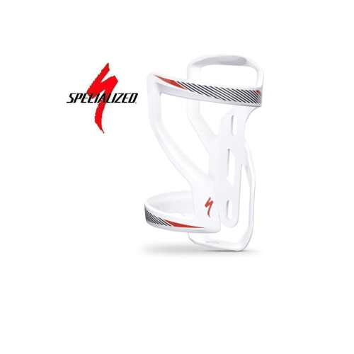 En vit Specialized Zee II flaskställ i glasfiber med svarta och röda accenter visas på en vit bakgrund, med Specialized-logotypen till vänster om buren.