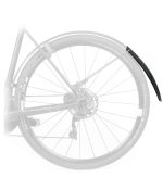 SKS Speedrocker Skärmset för Gravel/Cross/Racer visas med sin svarta bakskärm monterad ovanför bakhjulet på en cykel, vilket framhäver både skärmen och bakhjulet medan resten av cykeln ser blekt ut.