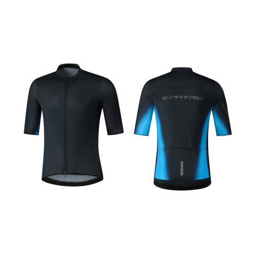 Fram- och baksida av Shimano S-Phyre Leggera Jersey, en kortärmad svart cykeltröja med blå detaljer, dragkedja fram och "S-PHYRE" tryckt på ryggen.