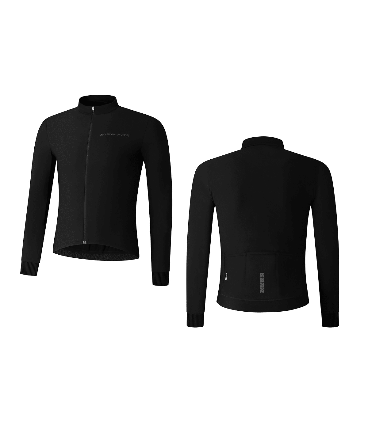 sphyre-thermal-long-sleeve.png Shimano S-Phyre Thermal Long Sleeve Jersey i svart visas framifrån och bakifrån, med hel dragkedja och subtil bröstlogotyp, med tre bakfickor och en reflekterande remsa nära fållen för synlighet.