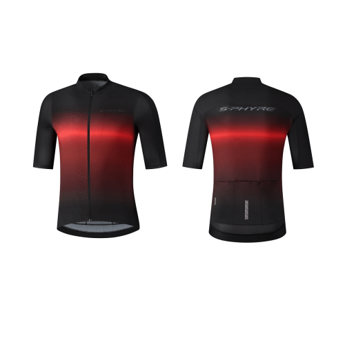 Fram- och bakifrån av Shimano S-Phyre Flash Jersey, en kortärmad cykeltröja med dragkedja framtill, röd gradient på svart tyg, "SHIMANO" framtill och "SPHYRE" baktill.