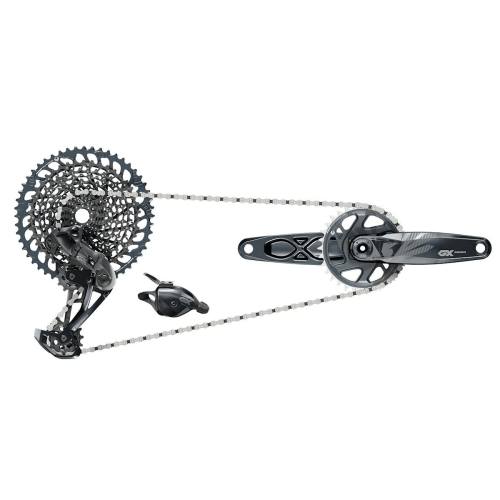 Sram GX Eagle Dub, 12-växlad komponentgrupp visas med kassett, växel, växelreglage, kedja och vevparti. Ljuset är jämnt fördelat och framhäver detaljerna i de grå komponenterna.