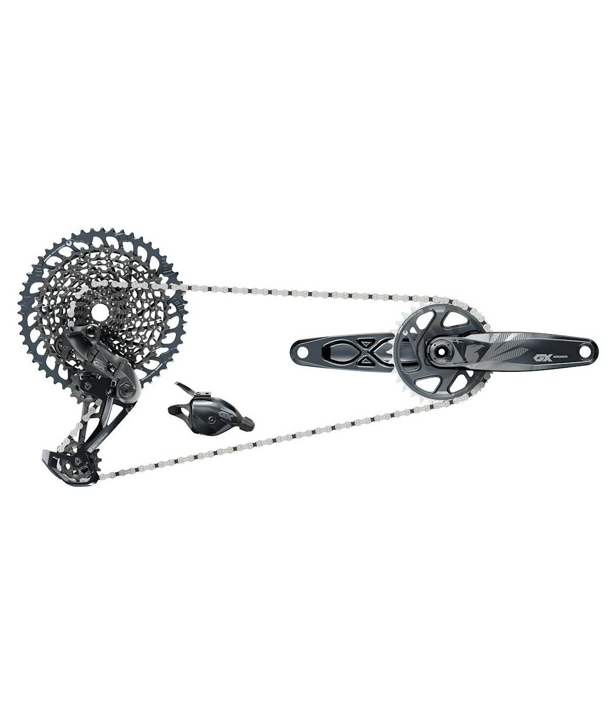 sram-gx-grupp.png Sram GX Eagle Dub, 12-växlad komponentgrupp visas med kassett, växel, växelreglage, kedja och vevparti. Ljuset är jämnt fördelat och framhäver detaljerna i de grå komponenterna.