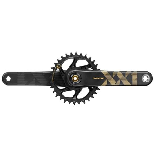 Sram XX1 Eagle DUB Boost 32T vevparti, med en svart färg och guld detaljer. Den är skarpt upplyst, vilket framhäver de tekniska detaljerna och den höga kvaliteten.