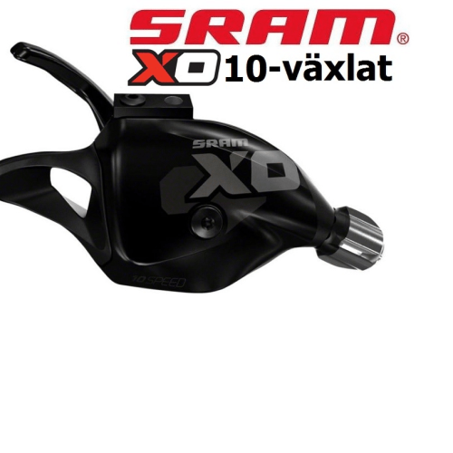 Närbild av ett SRAM X0 Trigger växelreglage för ett 1:1 system med 10 växlar. Svart och silverfärgad