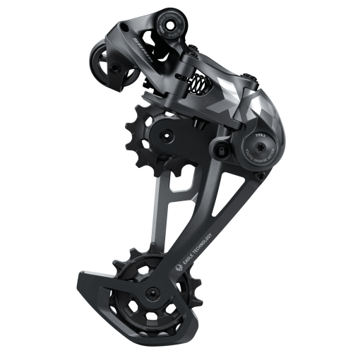 Detaljerad bild av en Sram X01 Eagle Lunar 12-växlad bakväxel mot en ren, vit bakgrund. Fokus på dess gråa toner, mekaniska detaljer och precisa konstruktion. Ljuset framhäver de tekniska funktionerna.