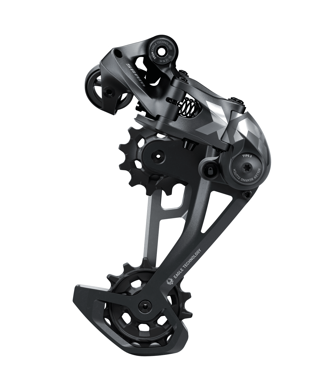 sram-x01-eagle-bakvxl.png Detaljerad bild av en Sram X01 Eagle Lunar 12-växlad bakväxel mot en ren, vit bakgrund. Fokus på dess gråa toner, mekaniska detaljer och precisa konstruktion. Ljuset framhäver de tekniska funktionerna.