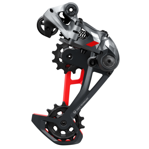 Detaljerad bild av en Sram X01 Eagle Red 12-växlad bakväxel. Fokus på den tekniska konstruktionen