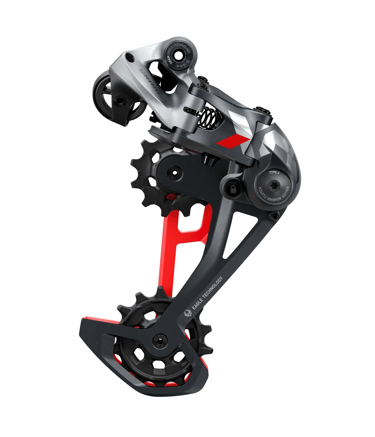 sram-x01-eagle-rod.png Detaljerad bild av en Sram X01 Eagle Red 12-växlad bakväxel. Fokus på den tekniska konstruktionen