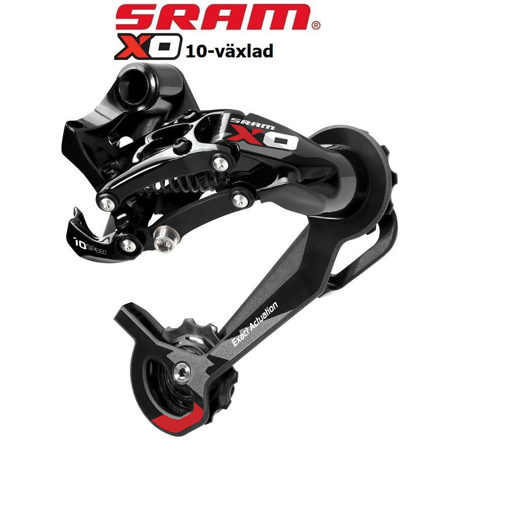 sram-xo-10vxl.png Detaljerad bild av en Sram X0 10-växlad bakväxel. Svart och röd design framhävs i ett ljust och tydligt ljus. Texten "Exact Actuation" syns tydligt på växelföraren.