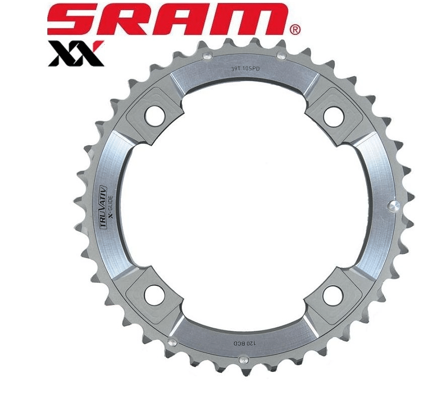 sram-xx-drev-bb30-1.png Silvrigt SRAM XX framdrev för 2x10-växlat system, perfekt för GXP vevparti. Detaljer som 39T 10SPD och 120 BCD framhävs i skarpt ljus, vilket betonar dess precisa konstruktion.