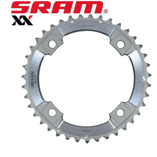 Silverfärgat Sram XX framdrev för 2x10 växlat system, med texten "TRUVATIV X-GLIDE" och "39T 10SPD", samt "120 BCD". Detaljerad bild under jämn belysning.
