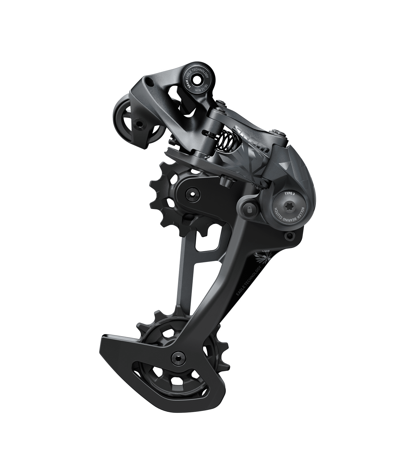 sram-xx1-bakvaxel-lunar.png Detaljerad bild av en svart SRAM XX1 Eagle 12-växlad bakväxel, med skarpa linjer och fokus på de tekniska detaljerna i konstruktionen, isolerad på en vit bakgrund.