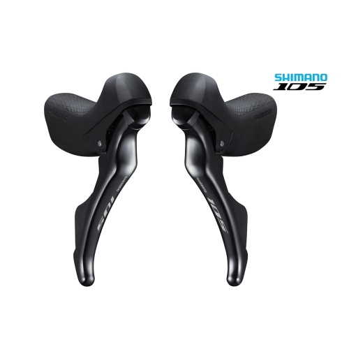 Ett par svarta STI-reglage Shimano 105 ST-R7000 för landsvägscyklar. Reglagen är placerade mot en vit bakgrund med fokus på detaljer och textur, under en klar och jämn belysning.