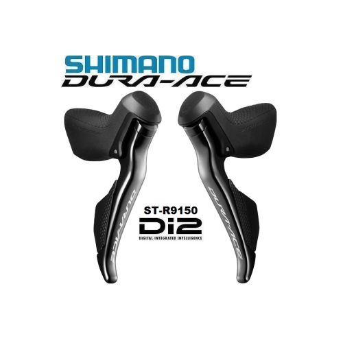 Ett par svarta Shimano Dura Ace Di2 ST-R9150 växelreglage framträder mot en vit bakgrund. De är snyggt belysta