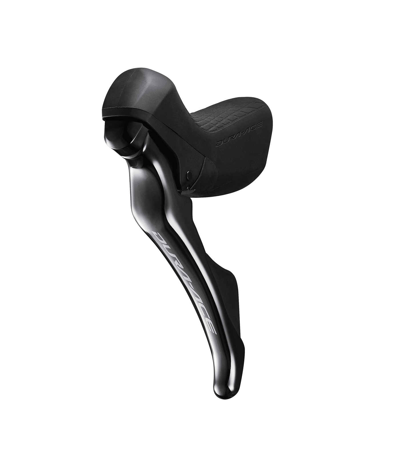 sti-reglage-shimano-dura-ace-st-r9100-2x11-vxl.png Svart växelreglage Shimano Dura Ace ST-R9100, belyst framifrån med mjuka skuggor, vilket framhäver den eleganta designen och detaljerna i texten "DURA-ACE". Reglaget avbildas mot en vit bakgrund.