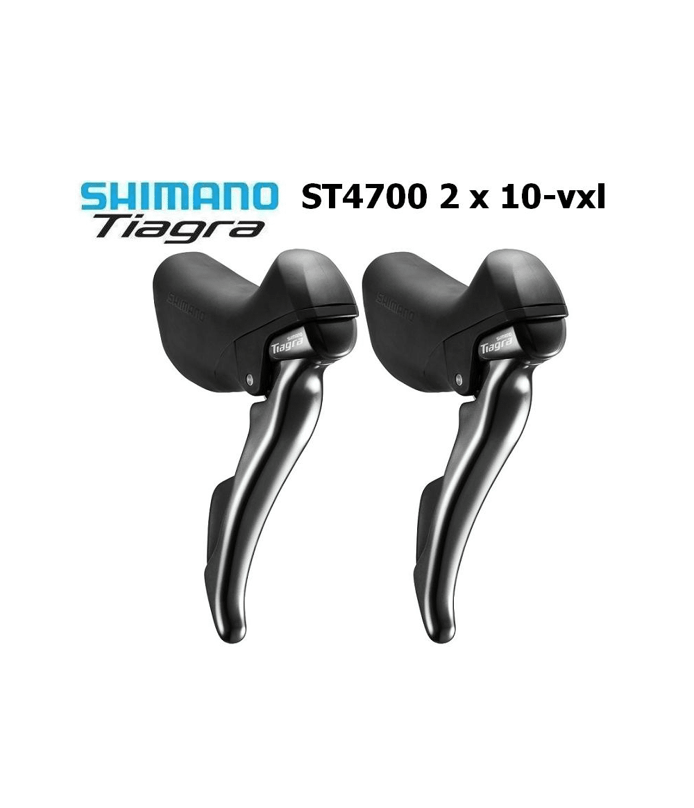 sti-reglage-shimano-tiagra-st-4700-par-2x10-vxl.png Två Shimano Tiagra ST-4700 växelreglage i par, avsedda för 2x10-växlade cyklar. Reglagen har en elegant, mörk design med tydliga Tiagra-logotyper. Bilden är tagen i bra ljus för att fånga alla detaljer.