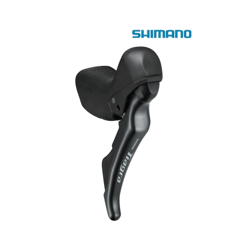 Detaljerad bild av ett Shimano Tiagra ST-4720 skivbromsreglage, 2x10 växlar. Svart färgton med tydlig Shimano-logotyp och "Tiagra"-märkning. Slät yta och modern design syns tydligt mot en ren, vit bakgrund.