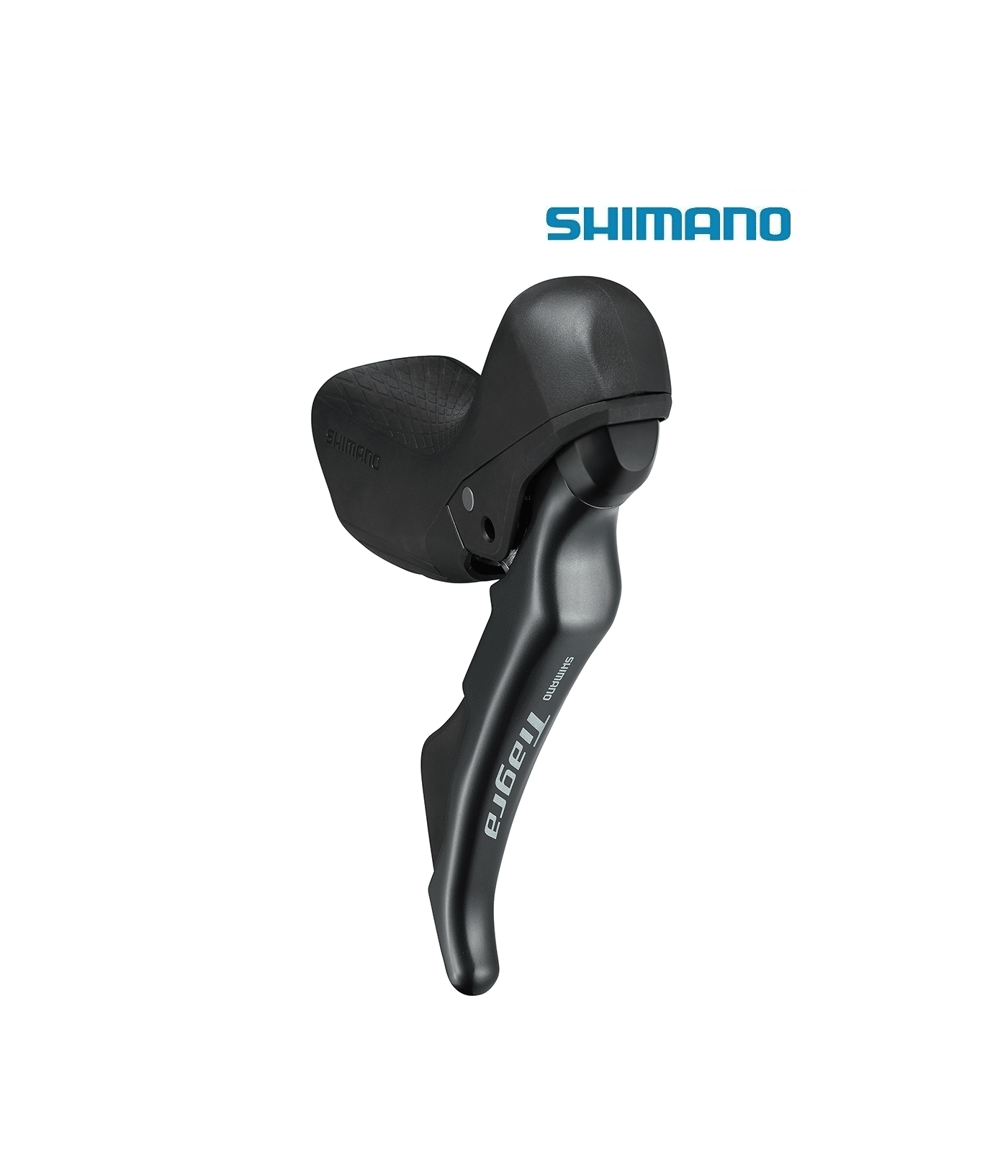 sti-reglage-shimano-tiagra-st-4720.png Detaljerad bild av ett Shimano Tiagra ST-4720 skivbromsreglage, 2x10 växlar. Svart färgton med tydlig Shimano-logotyp och "Tiagra"-märkning. Slät yta och modern design syns tydligt mot en ren, vit bakgrund.