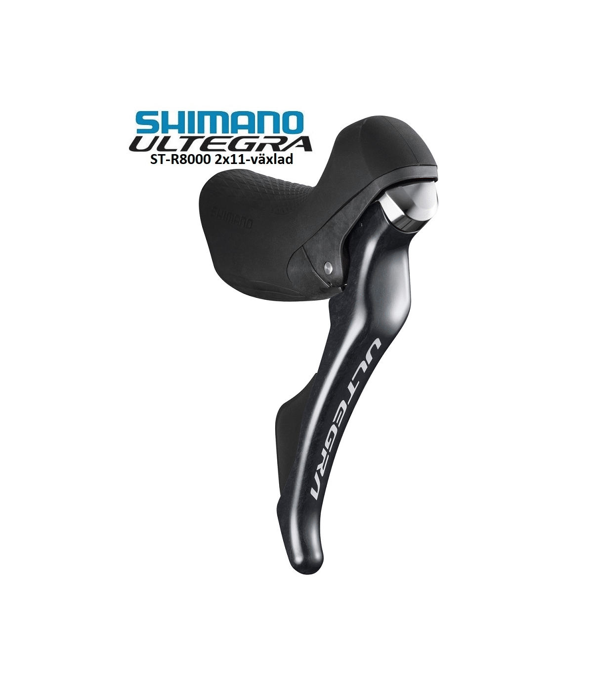 sti-reglage-shimano-ultegra-st-r8000.png Cykelväxelreglage Shimano Ultegra ST-R8000 2x11-växlad, avbildad i detalj med fokus på ergonomi och material. Belysningen framhäver de mörka tonerna och texten "ULTEGRA" på reglaget.