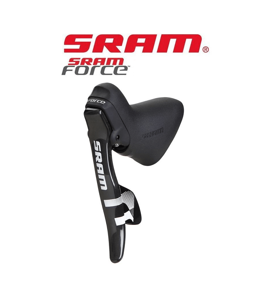 sti-reglage-sram-force-2x11-vxl.png SRAM Force 2x10-växlad STI-reglage i svart, med tydlig SRAM-logotyp, fotograferad i studiobelysning mot en vit bakgrund, vilket framhäver detaljerna och den matta finishen.
