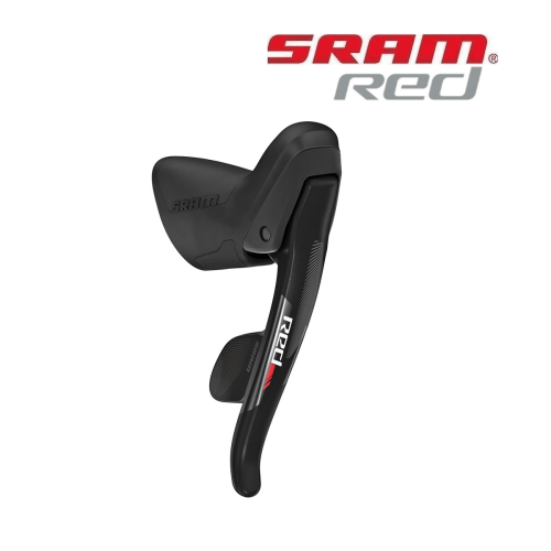 SRAM Red 2x11-växlad STI-reglage visas mot en vit bakgrund. Detaljerad bild som framhäver reglagets design och finish, med SRAM Red-logotypen tydligt synlig.