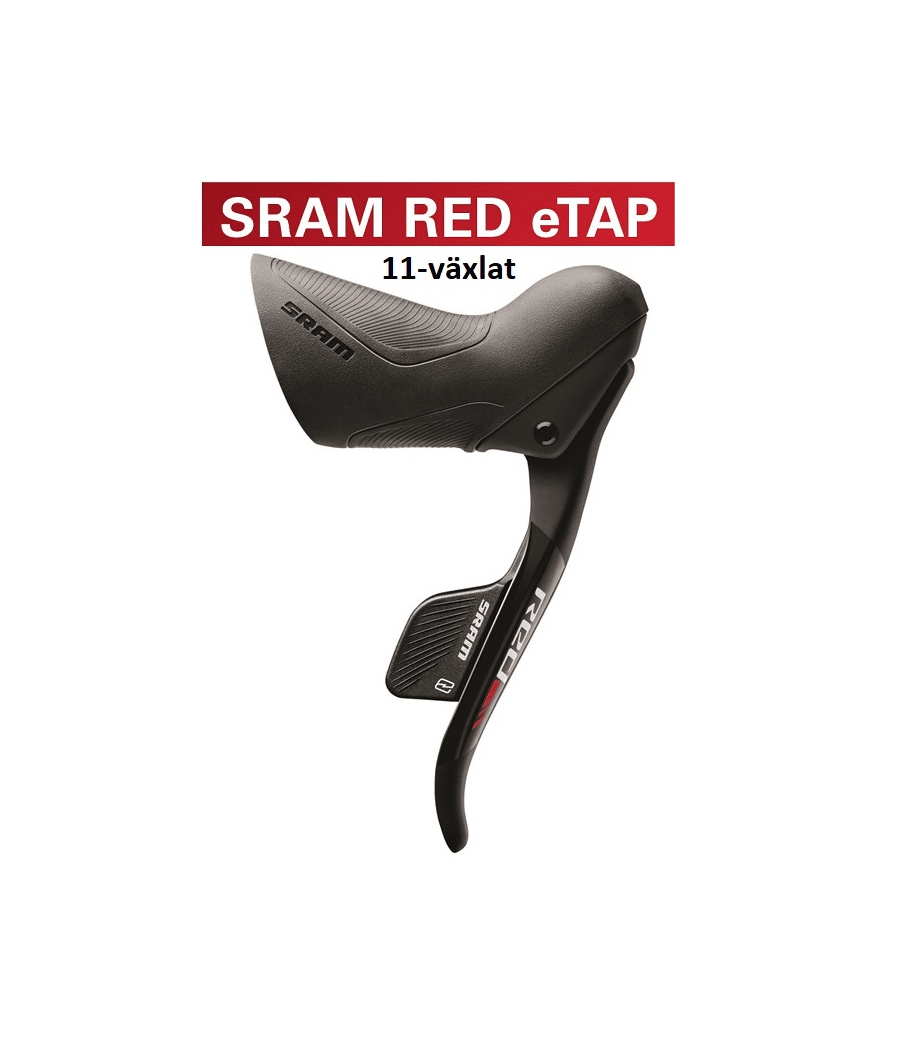 sti-reglage-sram-red-etap-2x11-vxl.png Närbild av ett svart växelreglage Sram Red Etap, 2x11s. Texten "SRAM RED eTAP" och "11-växlat" är synliga ovanför. Bakgrunden är vit och ljuset är jämnt fördelat.
