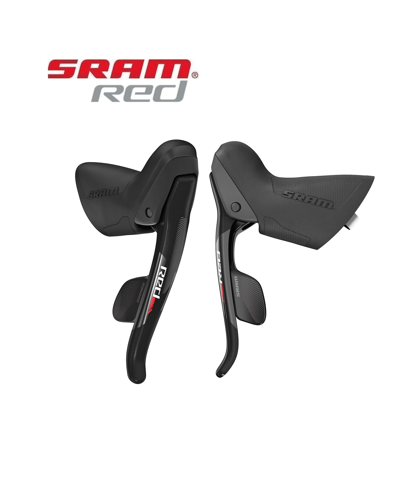 sti-reglage-sram-red-par-2x11-vxl.png Växelreglage Sram Red par, 2x11s, i detalj. Svarta reglage med texten "Red" och "Sram". Ljuset framhäver designen, placerade mot en ren, vit bakgrund.