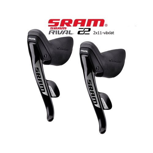 Par av SRAM Rival 22 växelreglage visas i en produktbild. Belysningen är stark och framhäver detaljerna i den svarta designen