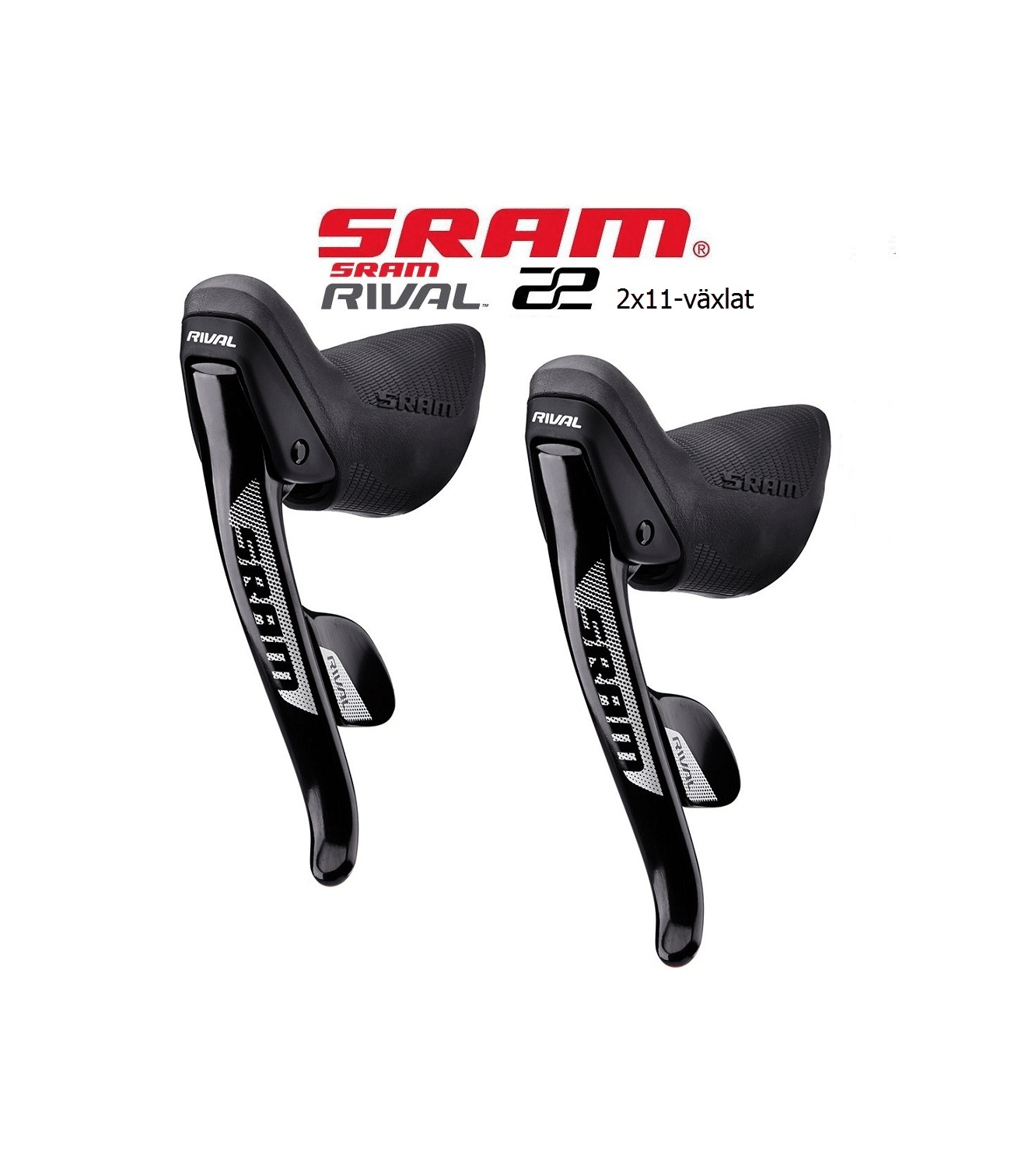 sti-reglage-sram-rival-22-par-2x11-vxl.png Par av SRAM Rival 22 växelreglage visas i en produktbild. Belysningen är stark och framhäver detaljerna i den svarta designen, med SRAM och Rival logotyper tydligt synliga. Skärpan ger ett professionellt intryck.