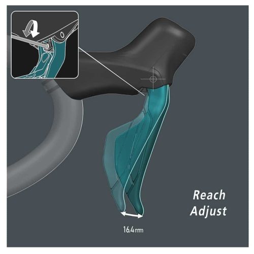 Detaljerad illustration av ett Shimano Dura Ace Di2 ST-R9270 växelreglage, framhävande justerbarheten av "Reach Adjust". Teknisk design i dämpade färger, belysning betonar funktionen.