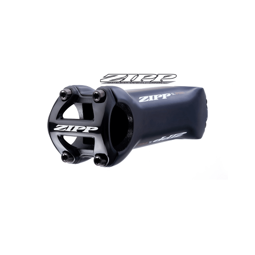 En svart Zipp SL Speed Carbon styrstam visas i en studiofotografering med skarpt ljus. Styrstammen har en blank finish och synliga skruvar och logotyper.