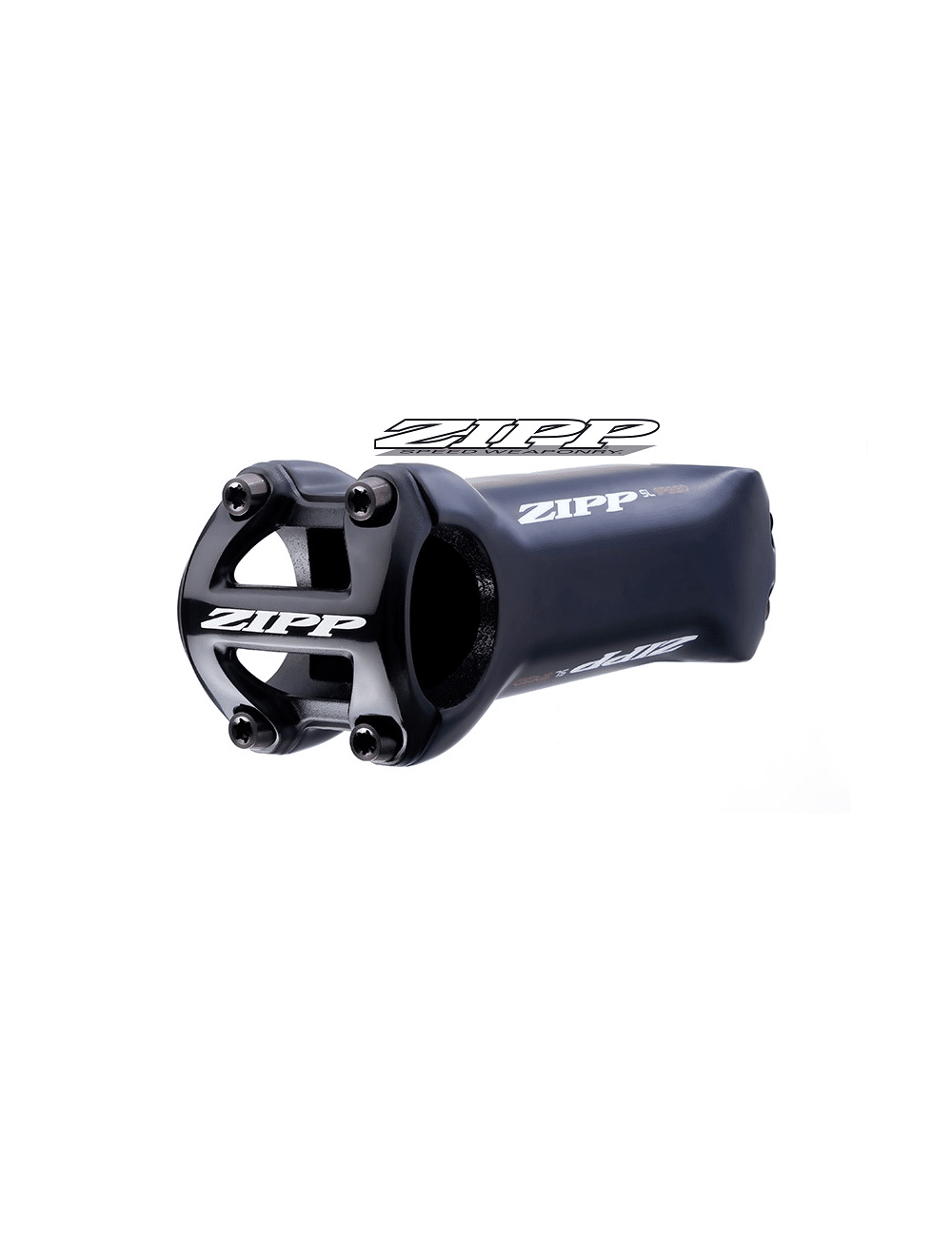 styrstam-zipp-sl-speed-carbon-vit.png En svart Zipp SL Speed Carbon styrstam visas i en studiofotografering med skarpt ljus. Styrstammen har en blank finish och synliga skruvar och logotyper.
