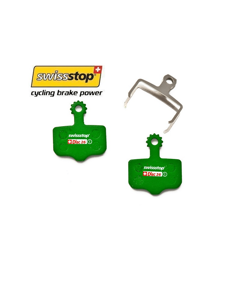 swissstop-disc-26-organic.png Två gröna Swissstop Disc 26 bromsbelägg och en silverfärgad hållare visas mot en vit bakgrund. Logotypen "Swissstop" syns tydligt med texten "cycling brake power" nedanför.