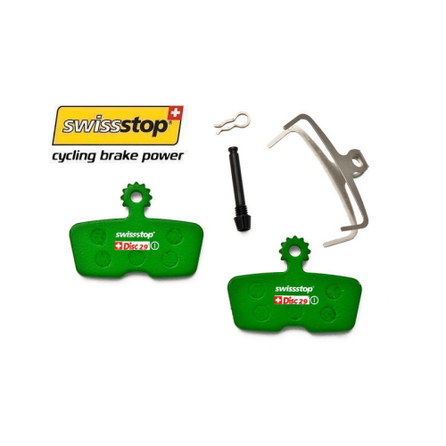 Detaljerad bild av Swissstop Disc 29 organiska skivbromsbelägg, presenterade med tillbehör. Ljusa färger och klar skärpa framhäver produktdetaljerna, perfekt för en webbutik.
