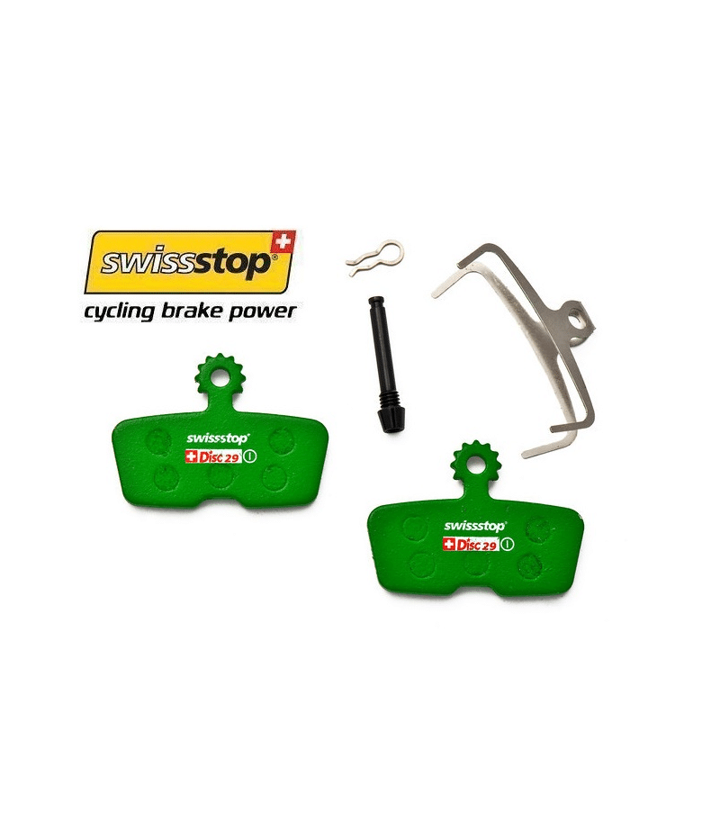 swissstop-disc-29-organic.png Detaljerad bild av Swissstop Disc 29 organiska skivbromsbelägg, presenterade med tillbehör. Ljusa färger och klar skärpa framhäver produktdetaljerna, perfekt för en webbutik.