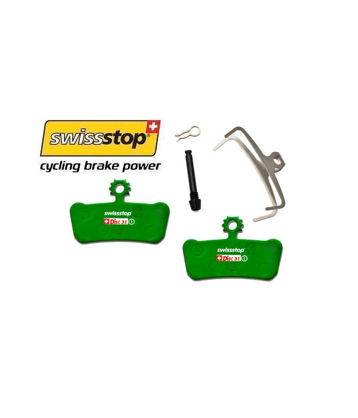 swissstop-disc-31-organic.png Gröna Swissstop Disc 31 bromsbelägg för skivbromsar visas tillsammans med tillbehör som fjädrar och sprintar. Studioljus framhäver detaljerna och den organiska sammansättningen.