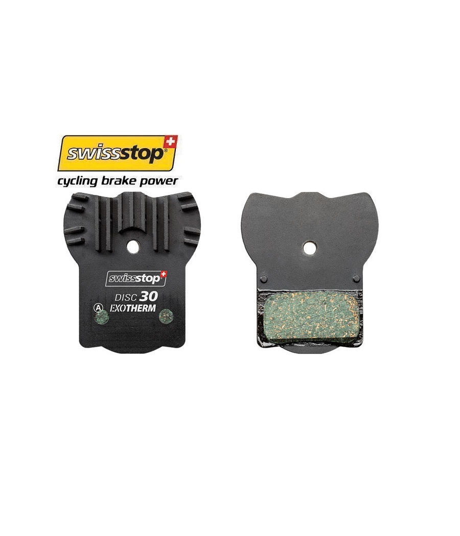 swissstop-exotherm-disc-30.png Detaljerad bild av Swissstop Exotherm2 Disc 30 skivbromsbelägg mot en vit bakgrund. Beläggen har en distinkt design och tillverkas av högkvalitativa material för optimal bromskraft.