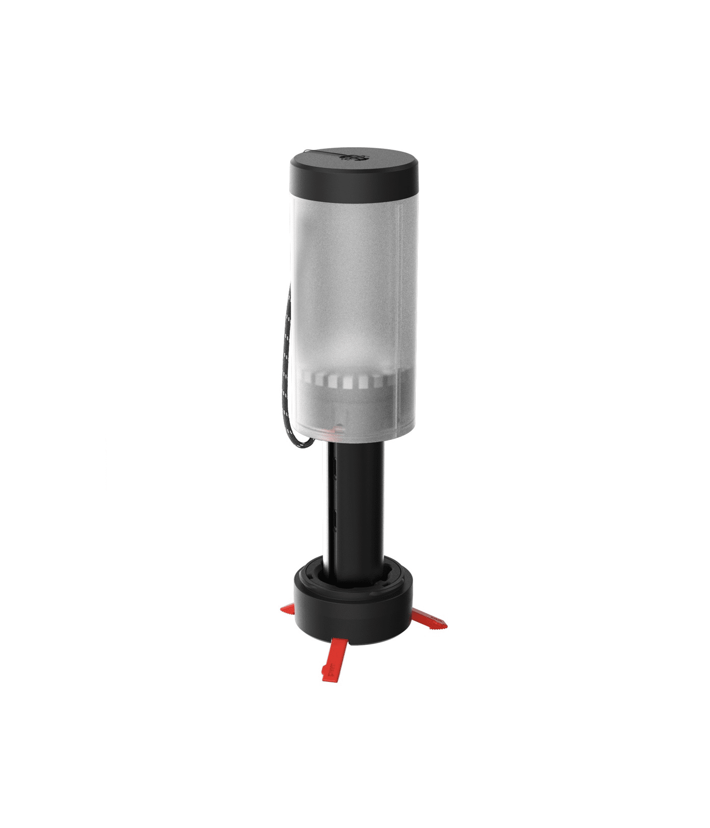 taltlampa-knog-pwr-300-lumen.png Tältlampa Knog PWR 300 Lumen är en cylindrisk svart och transparent campinglykta med frostad skärm, svart bas, röda utfällbara ben och ett sidohandtag, som visas upprätt mot en vit bakgrund.