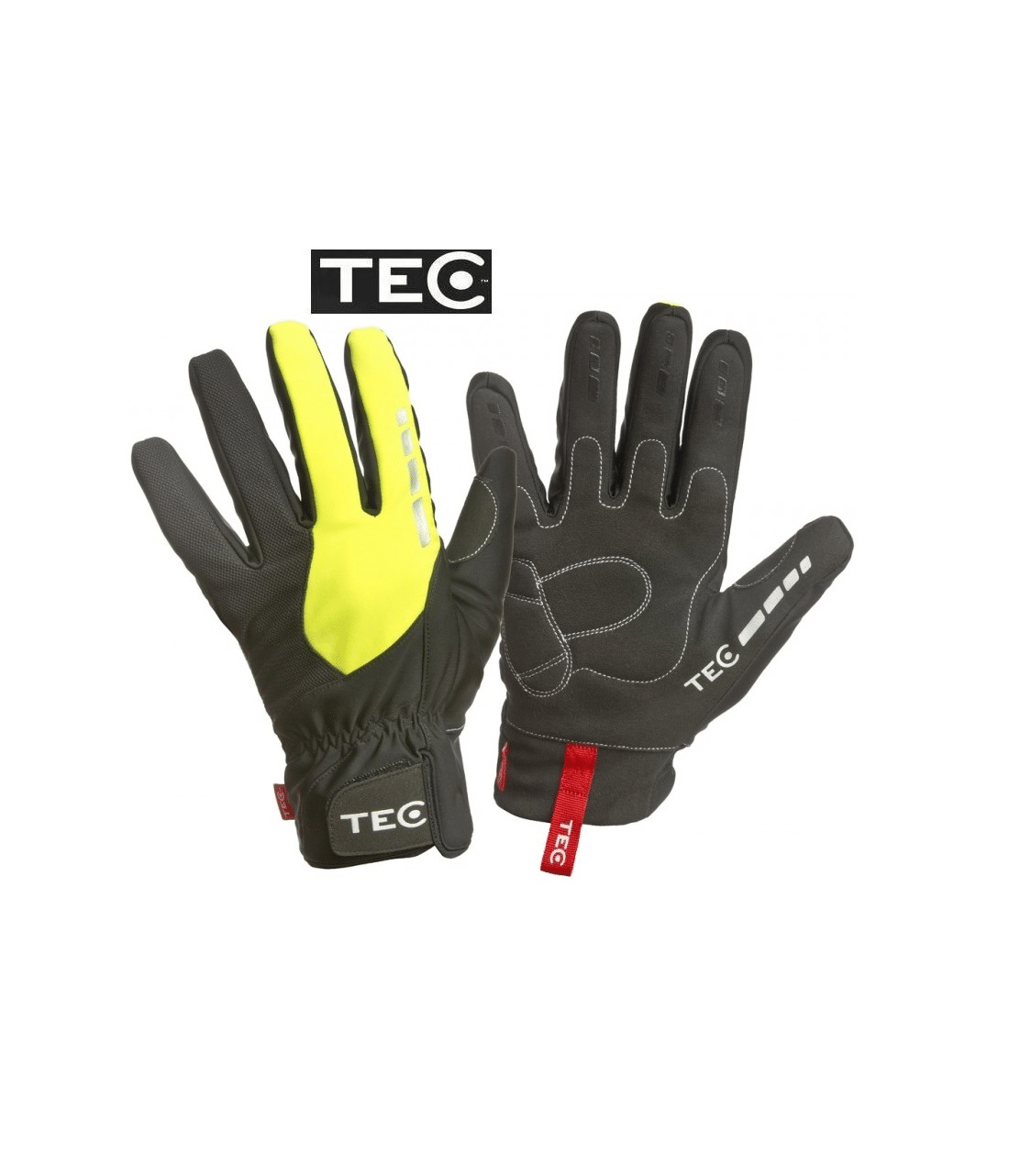 tec-vinterhandske.png Tec Vinter 5F Safety handskar är avbildade, en med handflatan uppåt och en med handflatan nedåt. Dessa svarta handskar har gula detaljer, reflekterande element, röda dragflikar och TEC-logotypen ovanför.