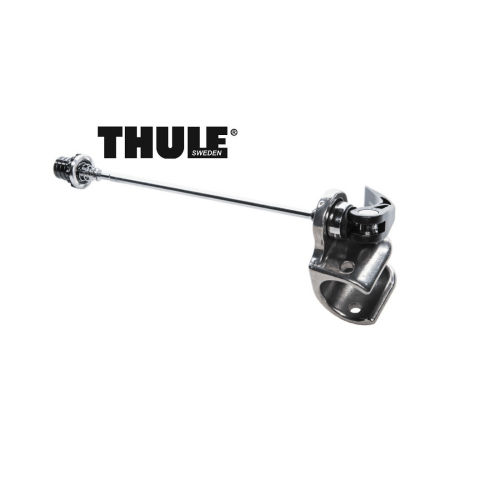 Thule Axle Mount ezHitch™ Cup with Quick Release Skewer visas diagonalt på en vit bakgrund, med Thule Swedens logotyp ovanför.