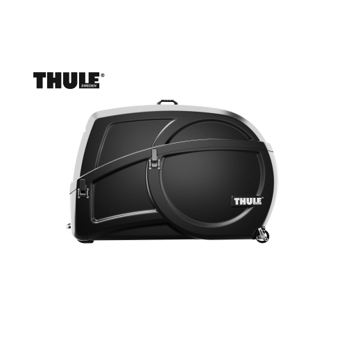 En svartvit Thule RoundTrip Transition cykelväska med hårt skal och Thule-logotypen på sidan, mot en vit bakgrund. Thules varumärke visas separat i det övre vänstra hörnet.