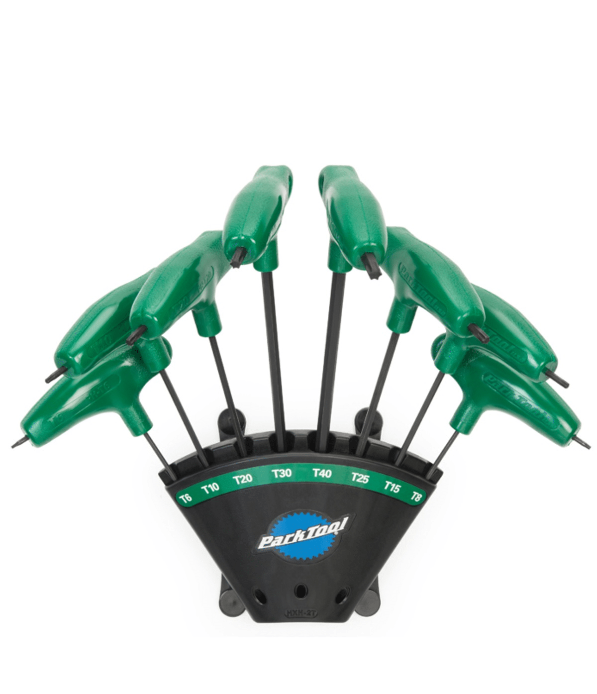 torxnyckel-set.png Närbild av ett ParkTool PH-T1.2 Torx®-nyckelset i en svart hållare, åtta gröna L-formade nycklar står ordnade med storleksmarkeringar i en väl upplyst miljö.