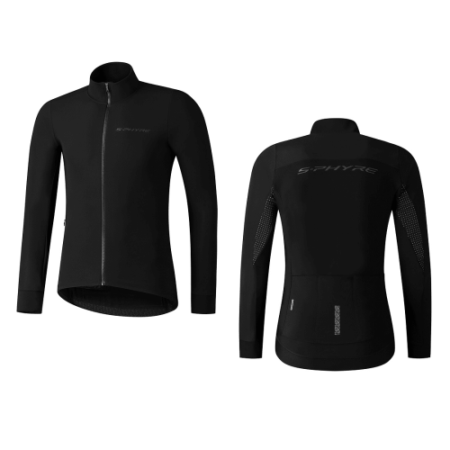 Fram- och bakifrån på Shimano S-Phyre Wind Jacket i svart, med hel dragkedja framtill, hög krage, figursydda långa ärmar, synliga sömdetaljer och subtilt "S-PHYRE"-märke på bröstet och ryggen.